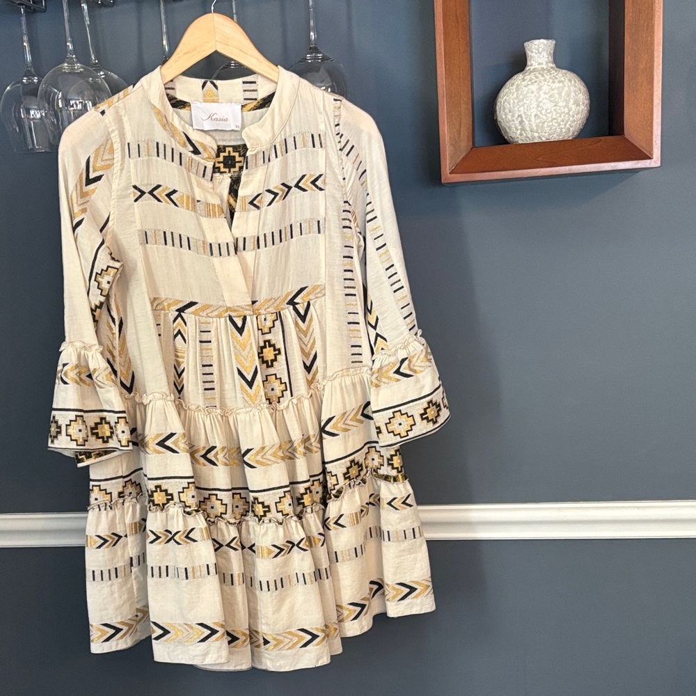 Bohemian Long Sleeve Dress with Geometric Patterns
